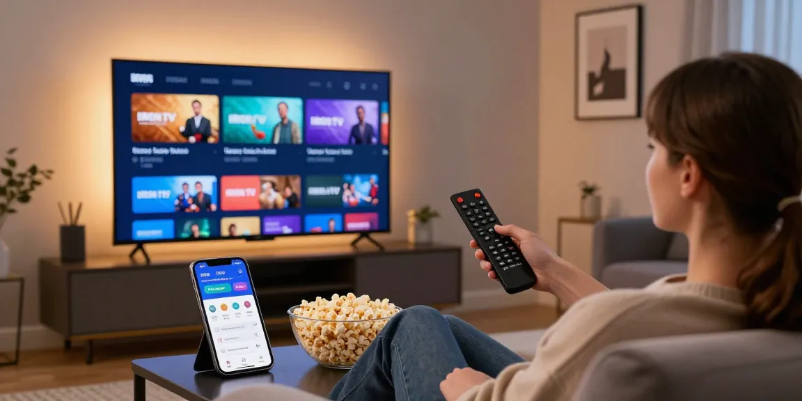 Enjoying Iron tv on a Smart TV in a cozy living room with multiple devices.