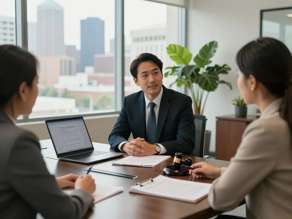 Houston Personal Injury Attorney discussing case details in modern office with client.
