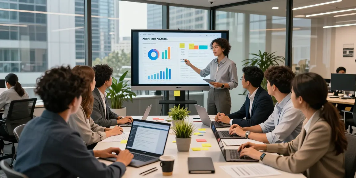 Marketing team discussing meta agency accounts in a contemporary office setting.