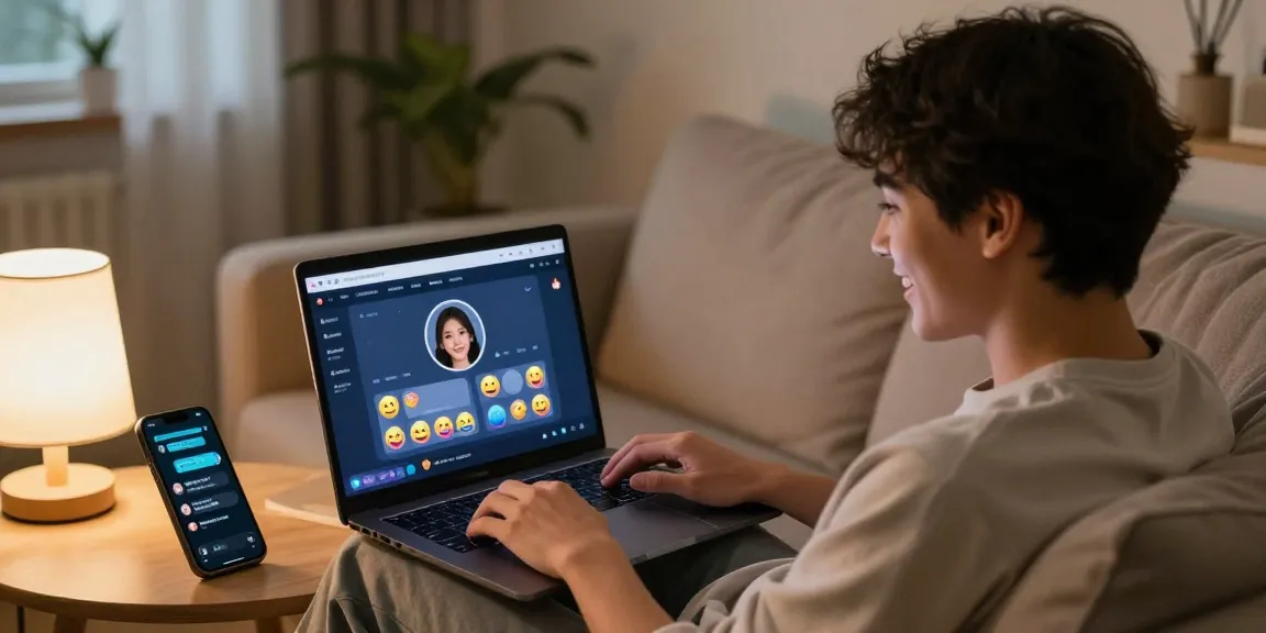 Engaging in a porn chat AI session at home, showcasing a user on a laptop with emojis and notifications in a cozy setting.