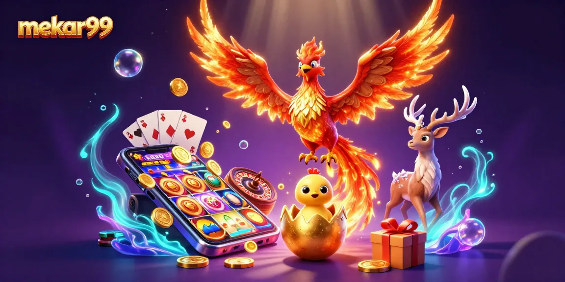 Mekar99 offers exhilarating slot gaming experiences, showcasing vibrant phoenix and gaming elements.