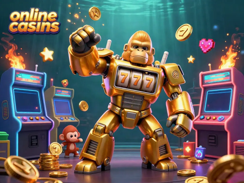 Claim your winning adventure in online casinos with a 3D gorilla mech and vibrant gaming elements.