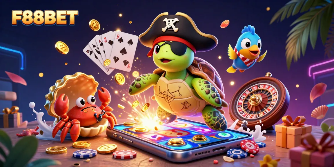 Engage with F88BET's vibrant 3D casino illustration showcasing gaming excitement and treasures waiting to be won.