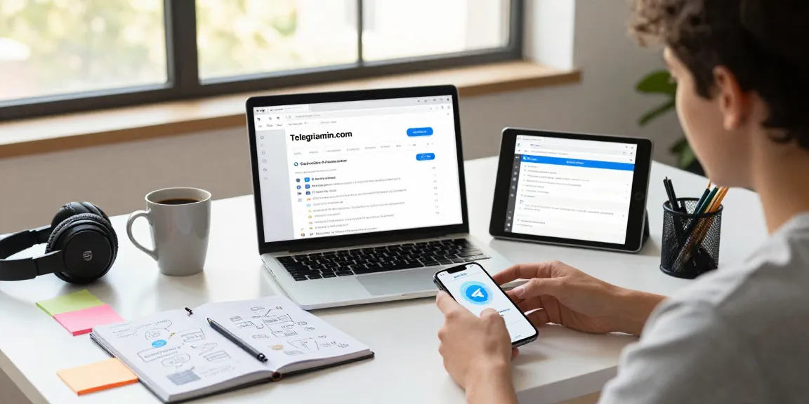 Engaging workspace showcasing telegraimin.com on various devices in a modern tech environment.