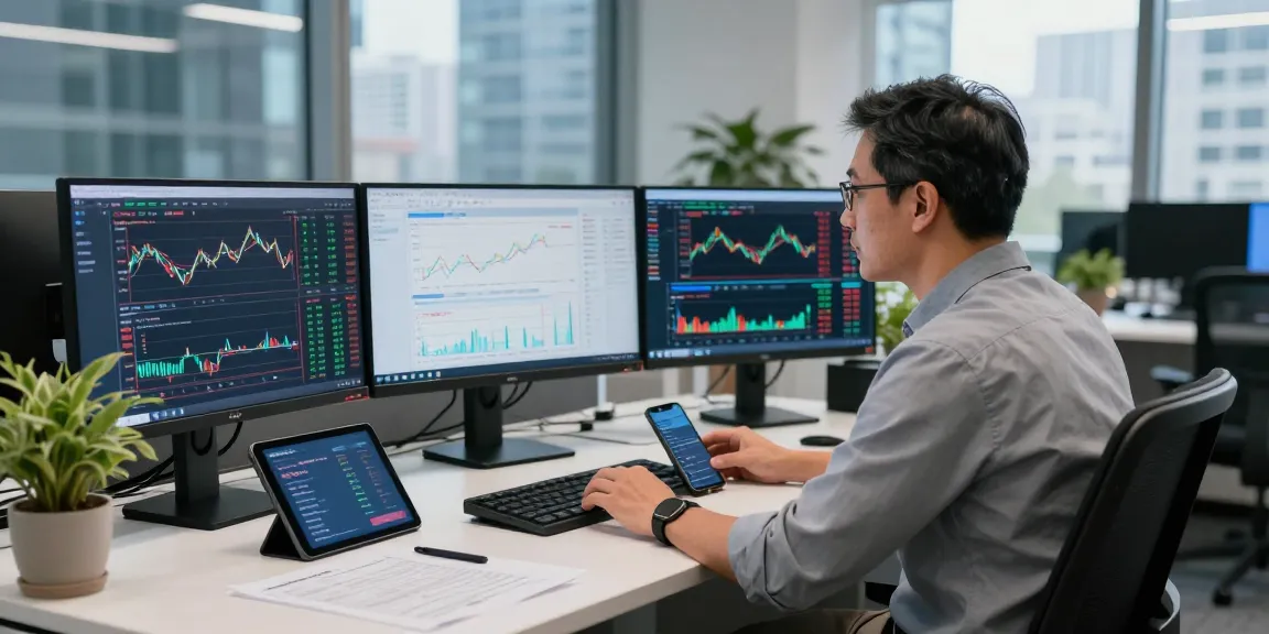 Trader analyzing NAGA2000 market data in a dynamic financial office.