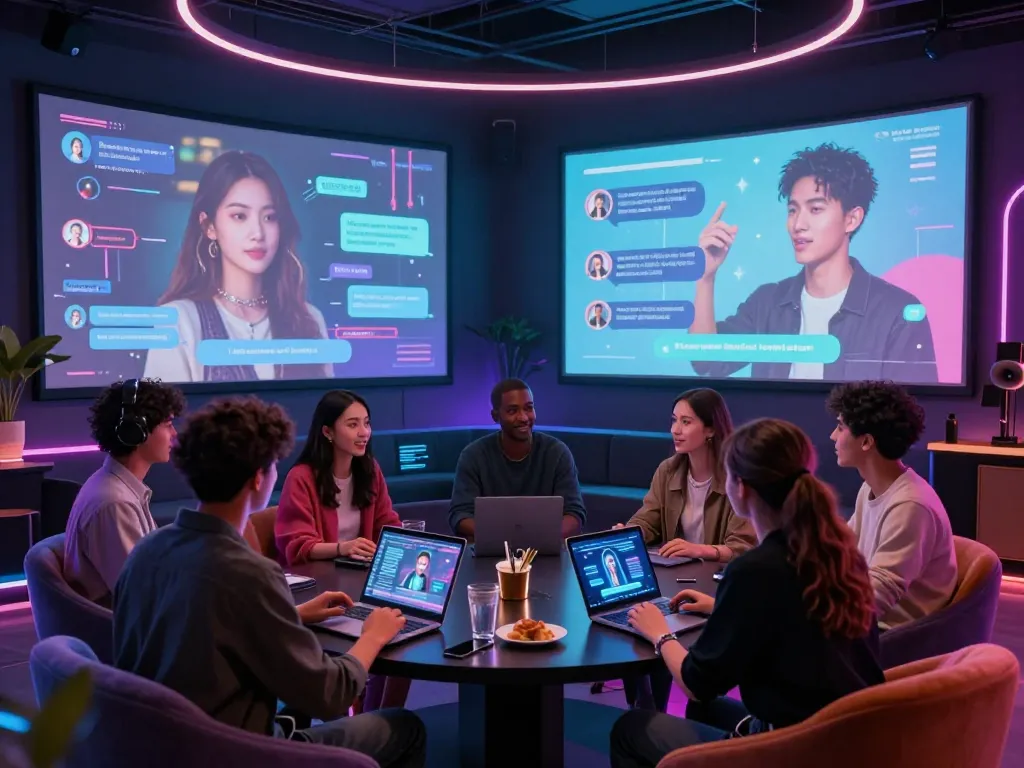 Engaging NSFW AI chat experience with lifelike avatars in futuristic lounge setting.