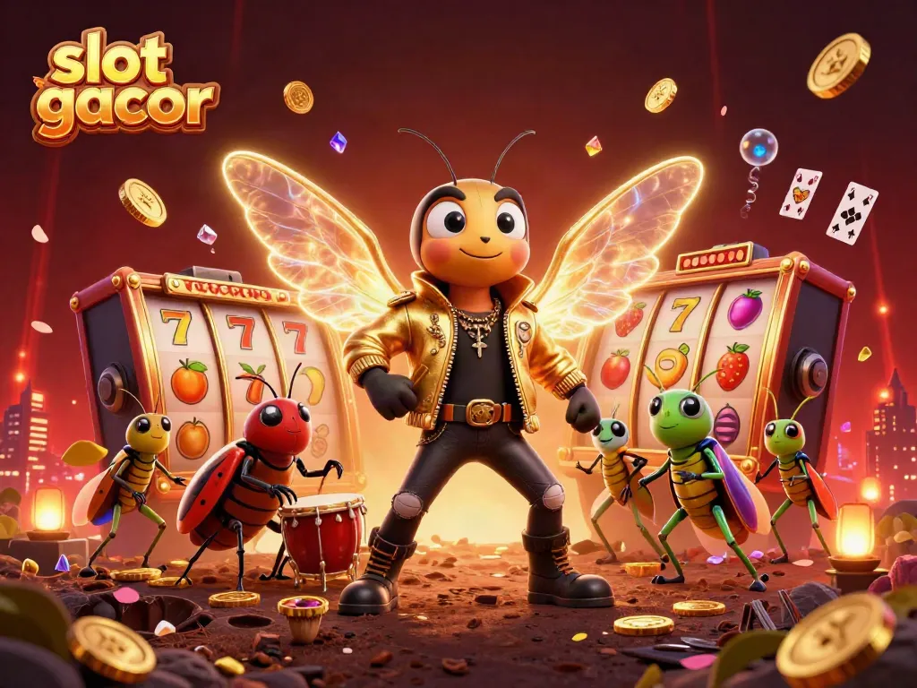 Experience the excitement of slot gacor with a 3D creature band celebrating wins amidst vibrant game symbols and a rich casino backdrop.