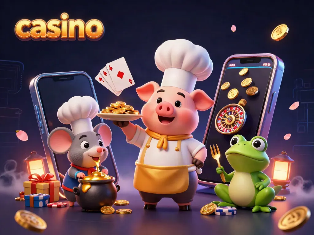 Experience the thrill of the casino with a gourmet presentation by a chef pig amidst vibrant gaming elements.