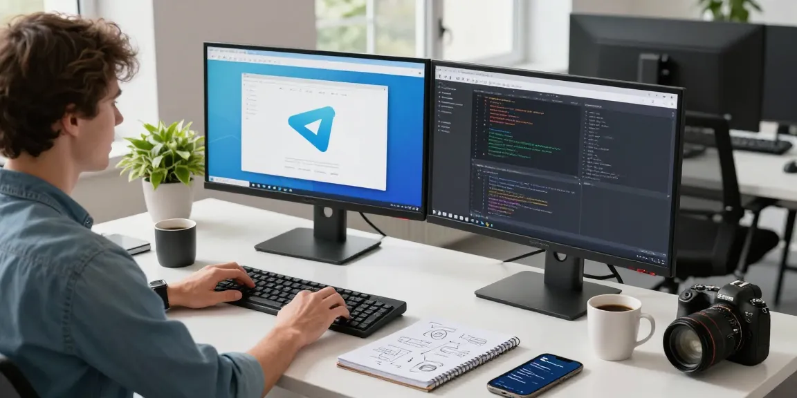 Developer using 纸飞机中文版 in a modern workspace with dual monitors and creative notes.