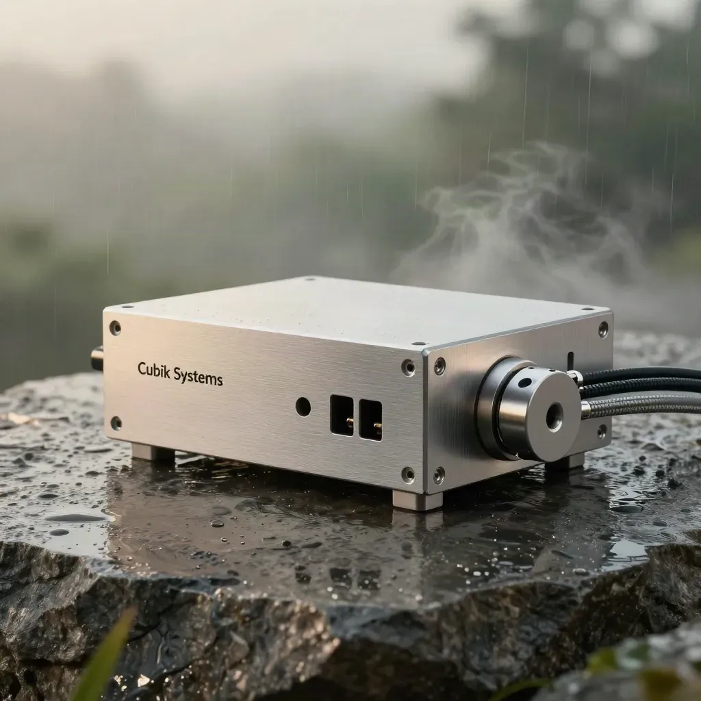 Brushed-aluminum modular hardware on wet stone with mist and dramatic soft light.