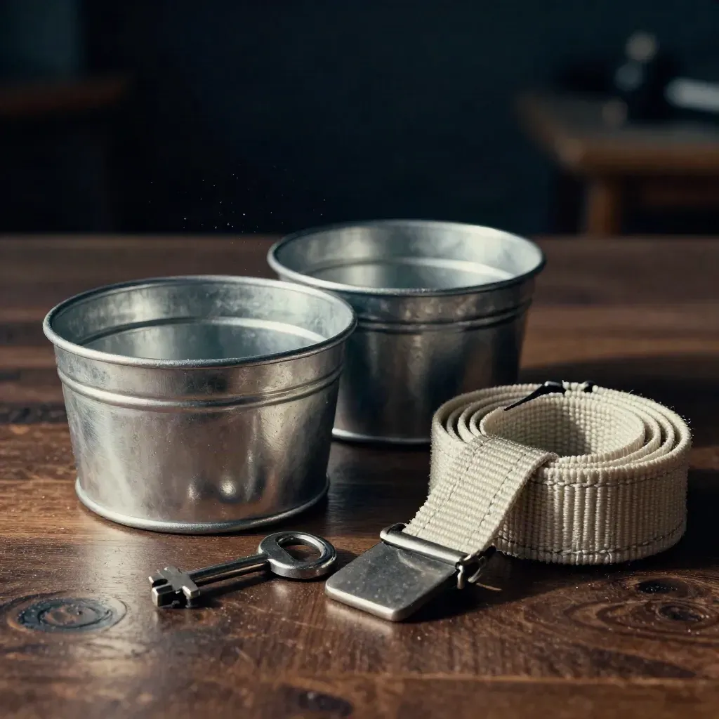 Anodized bins, a stamp, and a coiled nylon strap on a dark tabletop in dramatic low-key light.