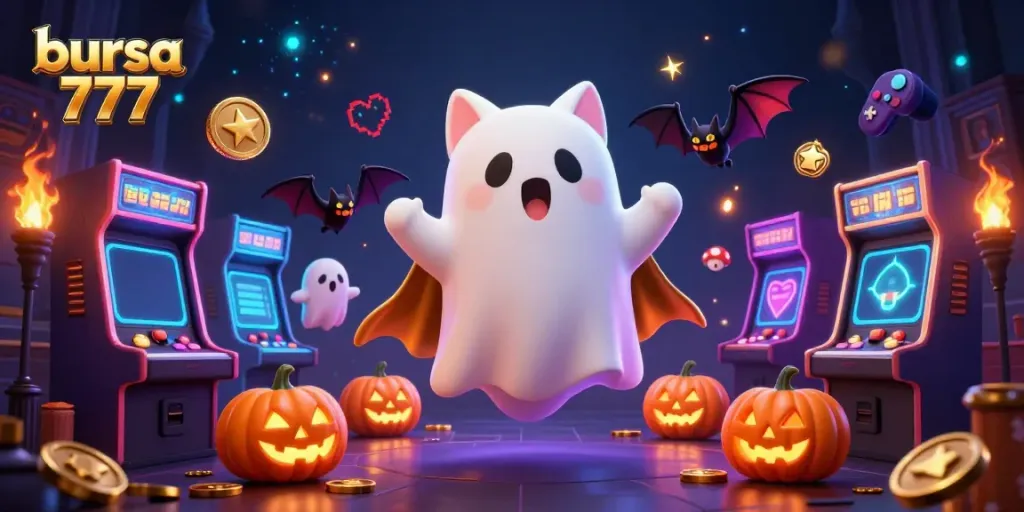 Permainan slot di bursa 777 menghadirkan karakter kucing hantu dan kelelawar dalam suasana kasino yang bercahaya.