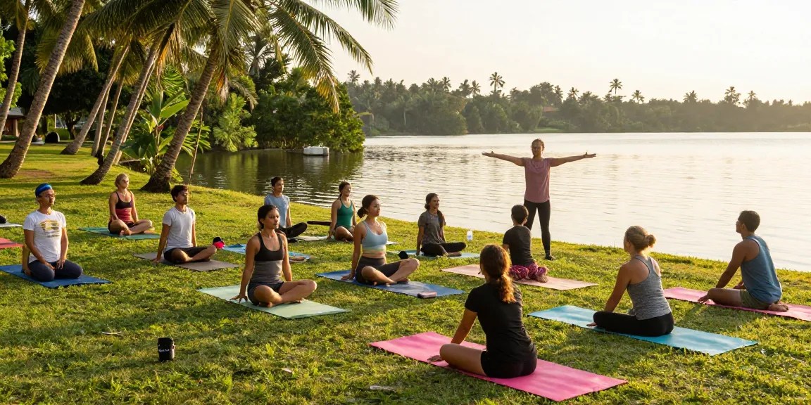 Best yoga school Sri Lanka community yoga practice by picturesque lake.