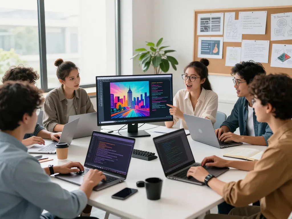 Team collaborating around image to prompt AI project in a modern workspace, showcasing vibrant visuals and creative discussions.