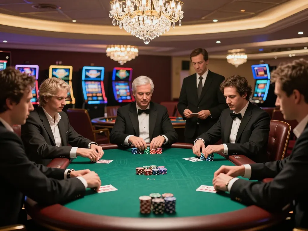 DH88 poker players strategizing their hands in a luxurious casino