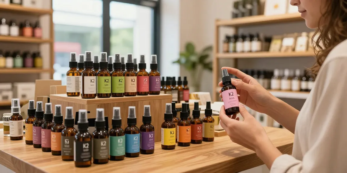 Shopper exploring the best-k2-spray-online with aromatic K2 products on display.