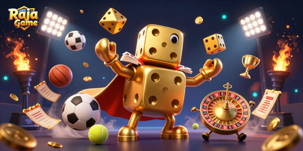 Experience thrilling gaming action with Raja Game, showcasing golden dice and dynamic sports elements.