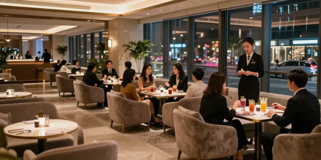 강남 타이밍의 고급스러운 라운지 공간에서 고객과 매니저들이 즐거운 시간을 보내는 모습