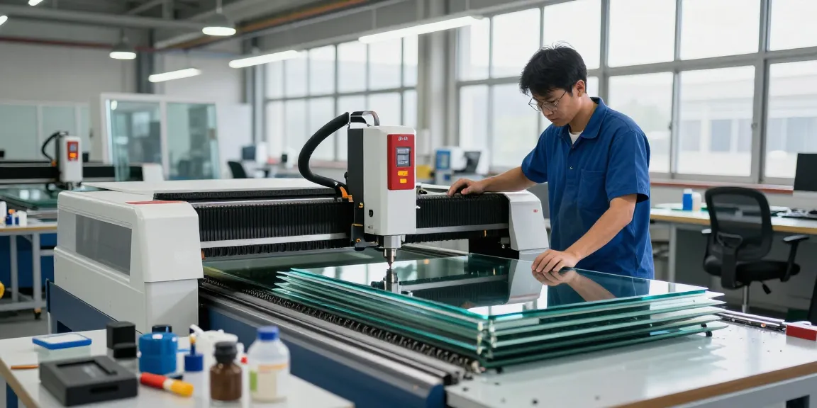 CNC glass cutting machine in action, showcasing precision glass processing in a modern workshop environment.