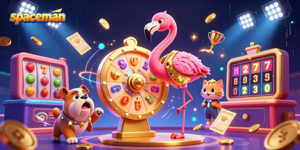 Spin the giant prize wheel with the spaceman in a vibrant casino scene filled with action.