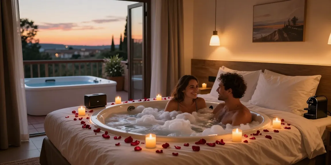 Couple enjoying a romantic love room with jacuzzi near Toulouse, highlighting intimacy and luxury experience.