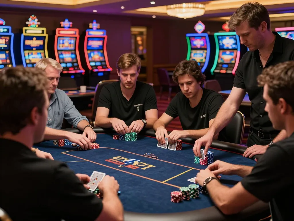 Players strategizing their next move at a poker table in a MAX79 casino, showcasing a vibrant gaming atmosphere.