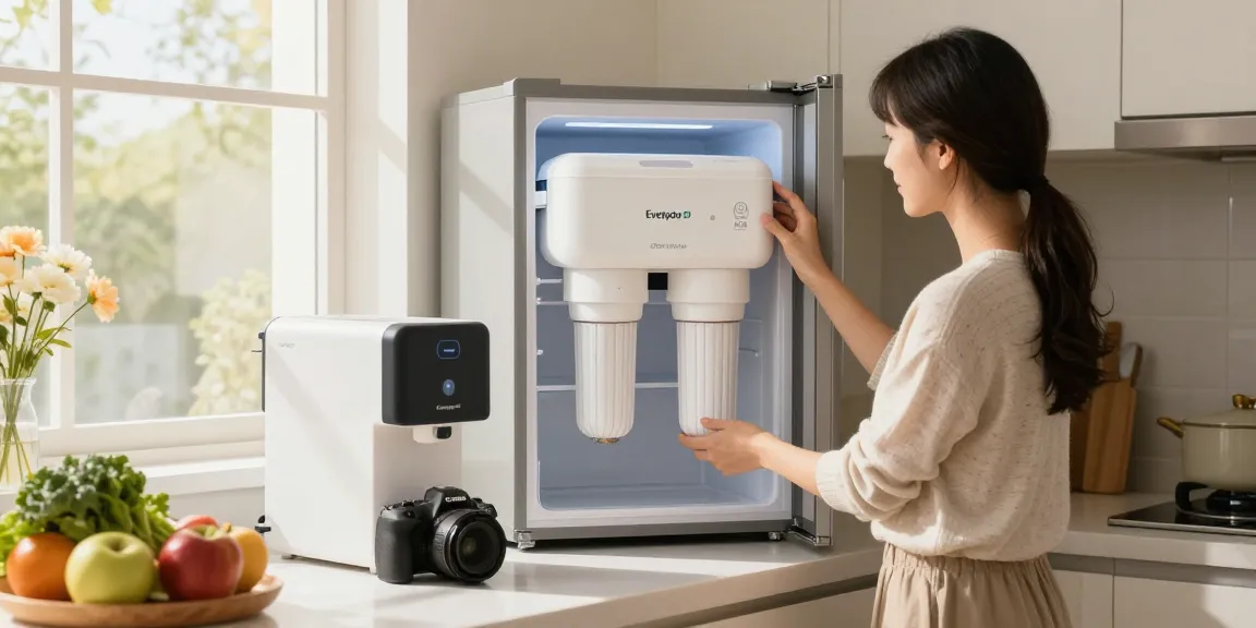 Woman installing Waterdrop Plus EDR3RXD1 Replacement for Everydrop® Filter 3 in bright kitchen.