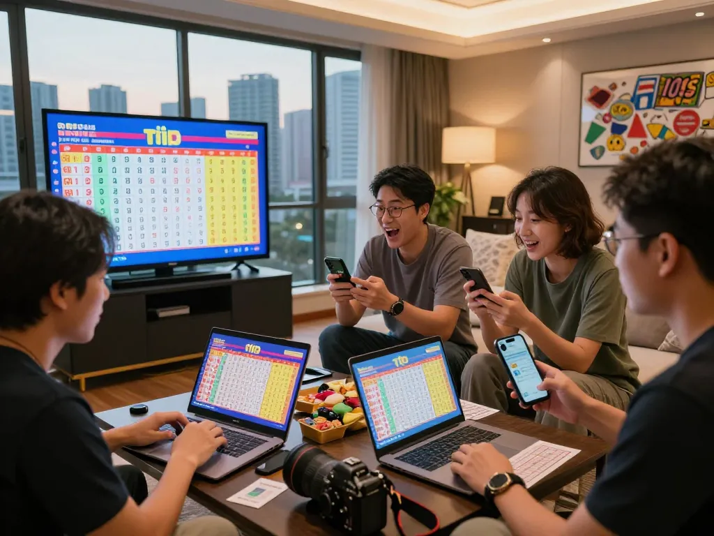 Excited players watching Hongkong Lotto live draw results, engaging with technology and friends in a modern living room.