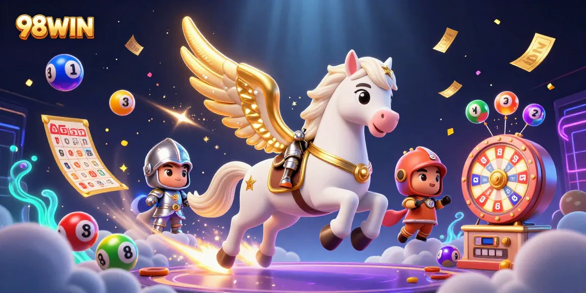 Experience thrilling gameplay at 98WIN with a cosmic scene of a knight on a celestial horse amidst vibrant casino elements.