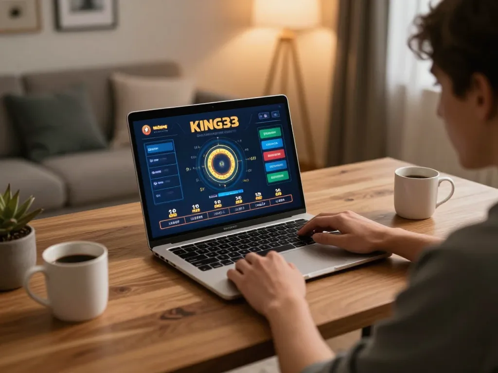 Engage in thrilling gameplay with King33 on a laptop in a cozy home setting