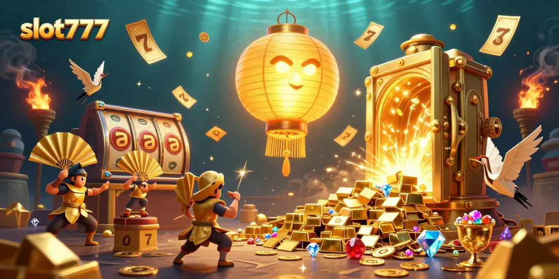 Win big with slot777 at our vibrant casino illustrated scene filled with gold, luck, and slot reels.