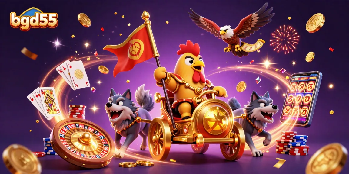 Engage with bgd55, a dynamic casino adventure featuring golden coins and cards in a festive atmosphere.