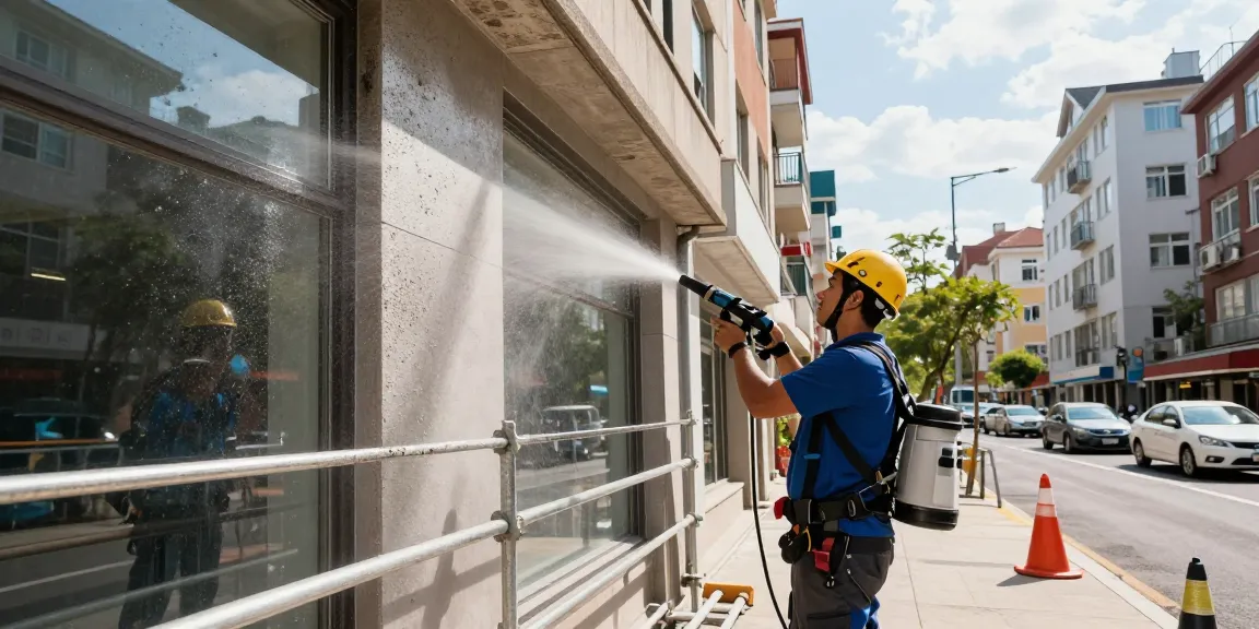 Fassadenreinigung Firma in Dortmund reinigt professionell eine Fassade mit Hochdruckgeräten für perfekte Ergebnisse.