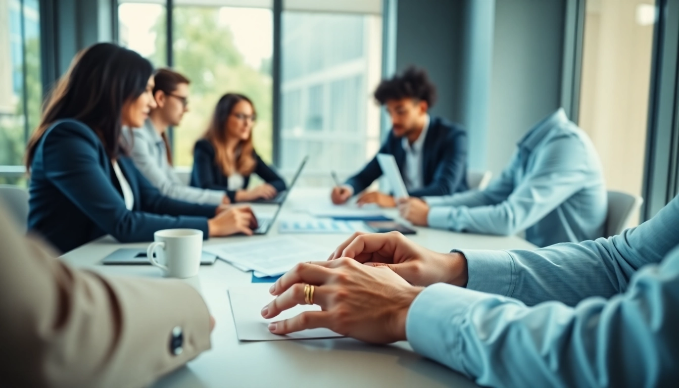 Engaged professionals discussing contracts and grants at a conference table.