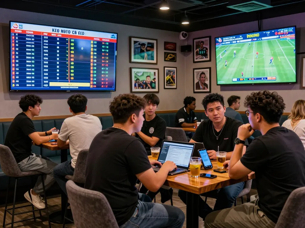 Fans analyzing kèo nhà cái odds in a lively sports betting lounge, showcasing an engaging atmosphere.