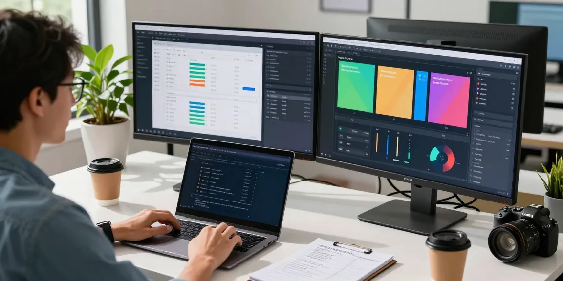 A software developer using an ai image checker in a modern office environment to analyze image authenticity.