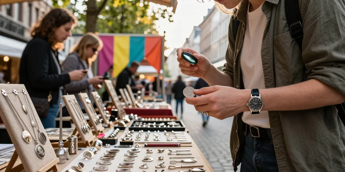 Achat d'argent à Bruxelles : un expert examine une pièce de monnaie en argent dans un marché animé.