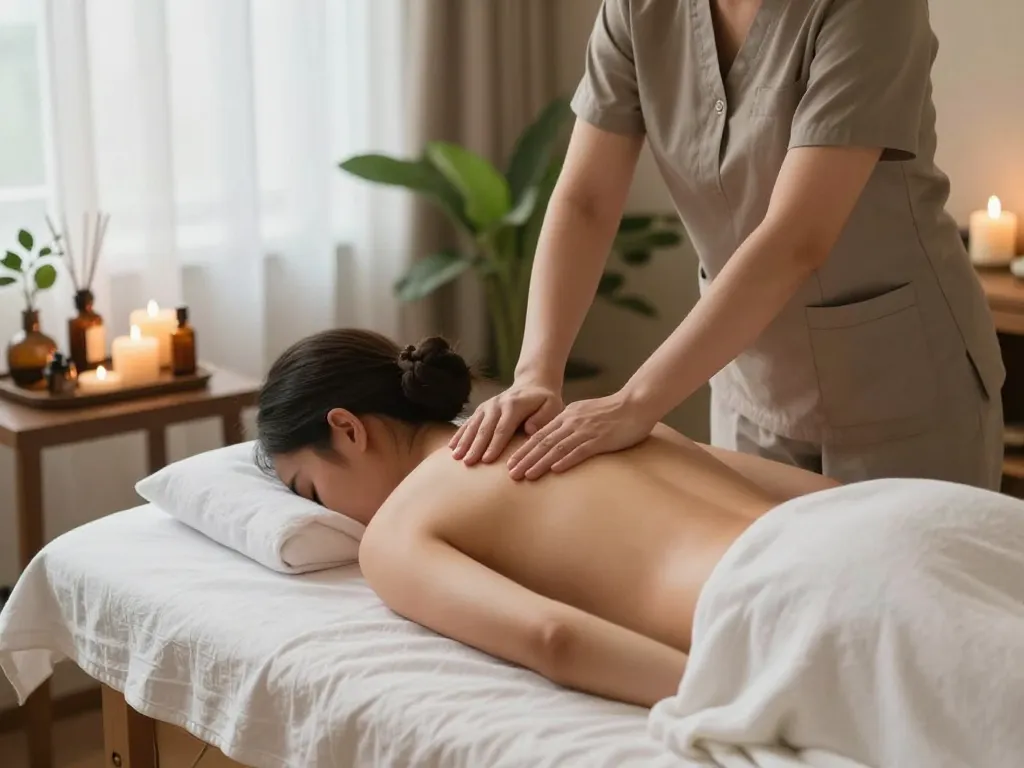 Massage session in a tranquil spa setting with soothing atmosphere and calming elements.
