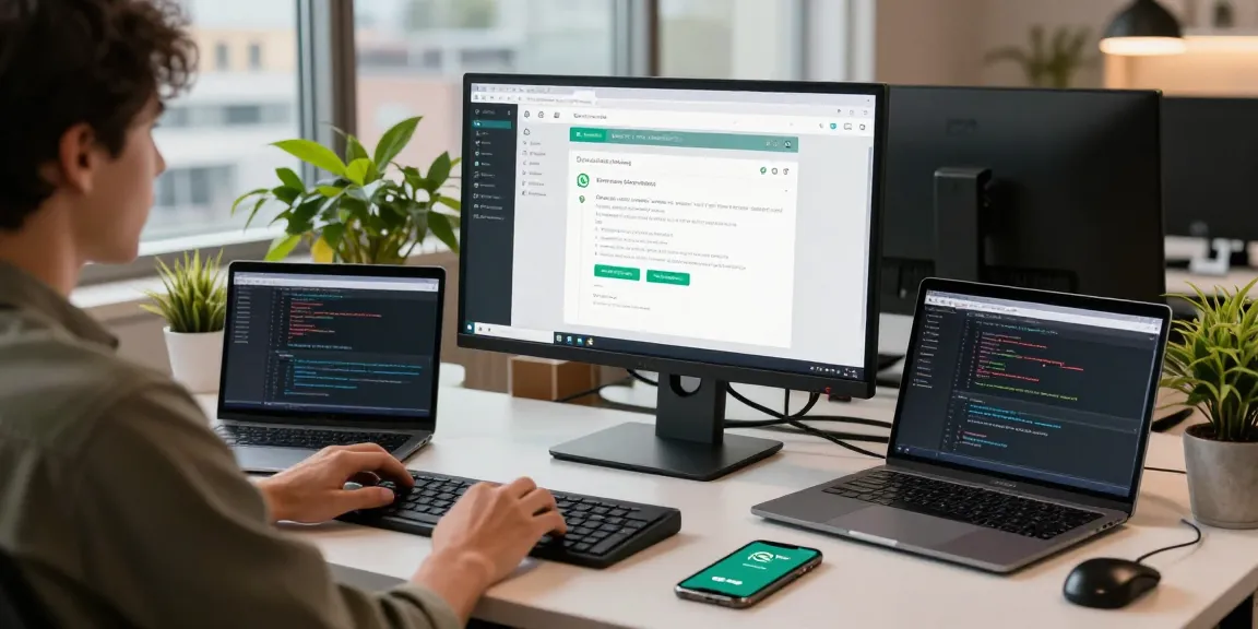 Professional workspace using WhatsApp網頁版 on a monitor with communication tools.