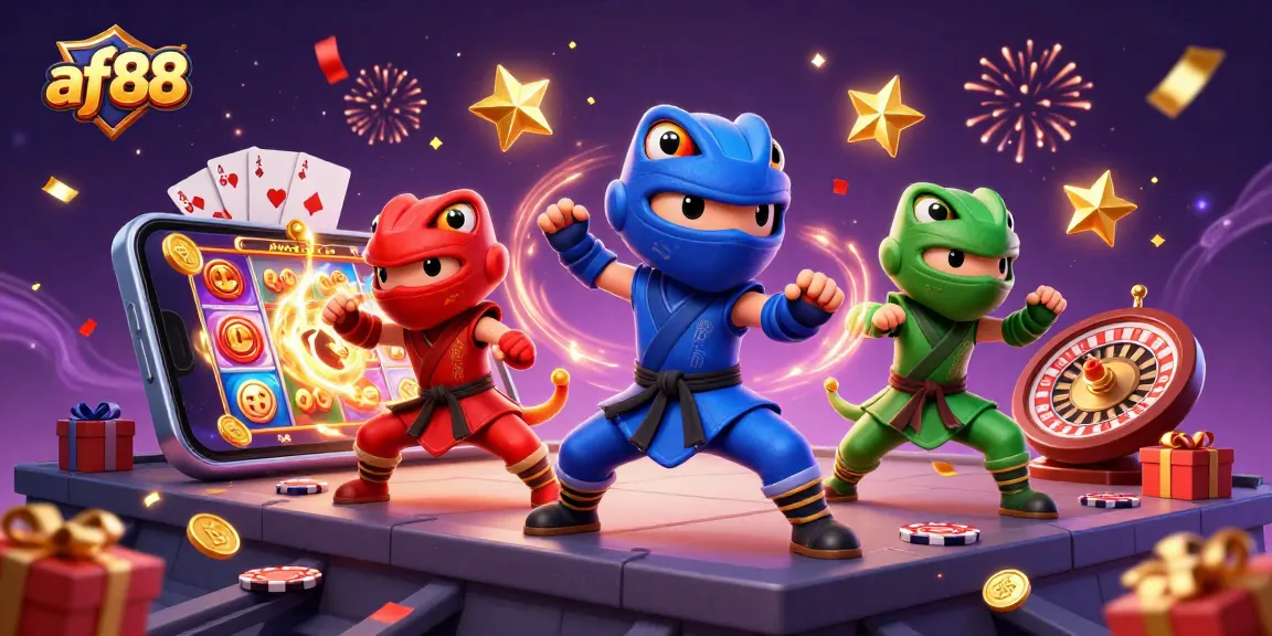 Experience thrilling gameplay with af88 as ninja chameleons engage in martial arts amidst slot games and casino elements.