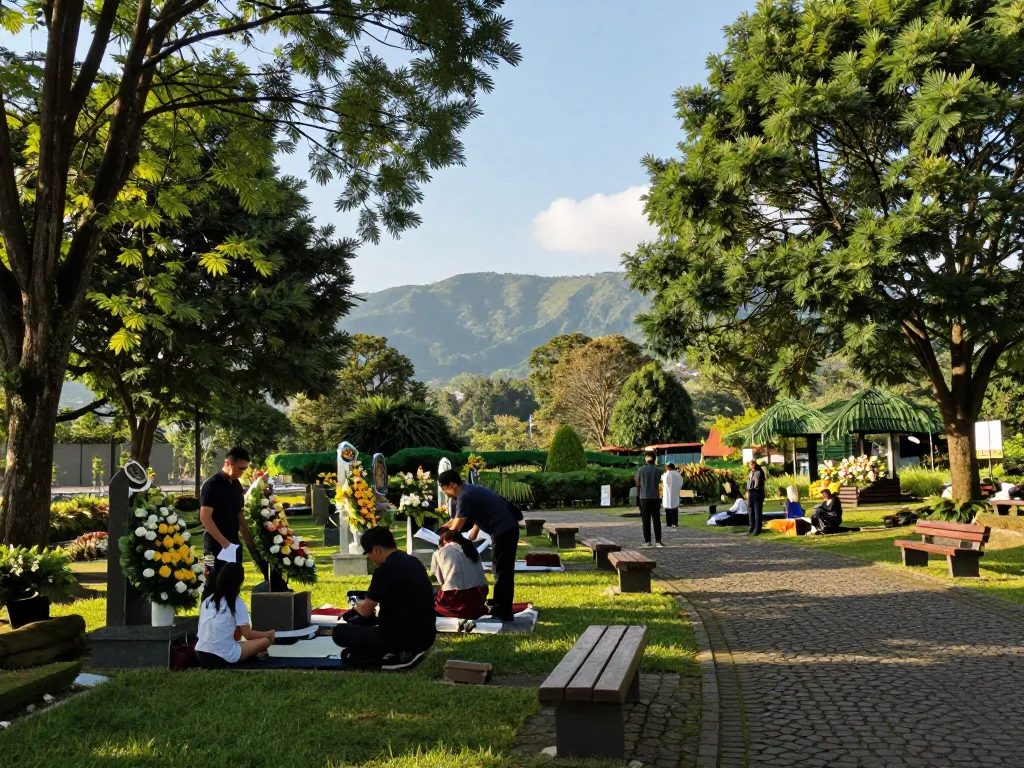 Suasana menarik jual lahan makam jogja di lokasi pemakaman tenang di taman peringatan, keluarga menghormati orang tercinta.
