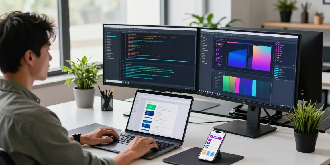 Dynamic software development workspace highlighting 截图软件 in use with dual monitors and vibrant tech elements.