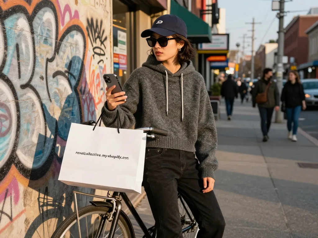 Fashionable young adult in a stylish jumper from revelcollective.myshopify.com against an urban backdrop.