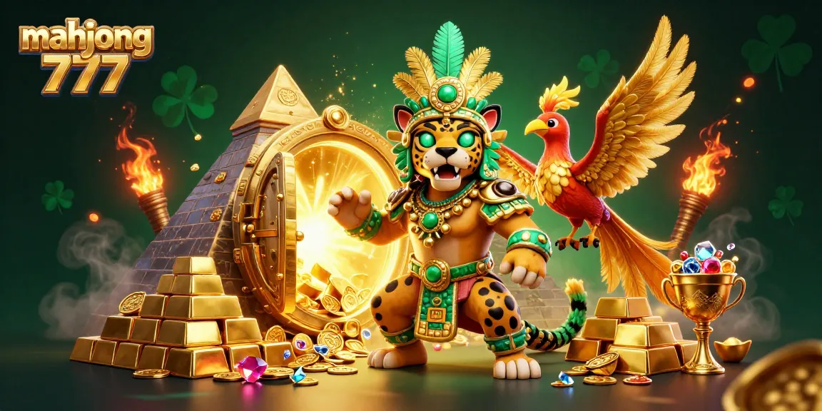 Experience the thrill of mahjong 777 with a vibrant 3D casino scene featuring glowing treasures and dynamic characters.