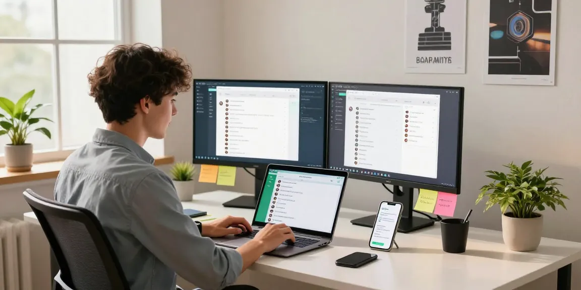 Professional engaging with WhatsApp網頁版 on a laptop in a bright workspace, showcasing productivity and modern tech.