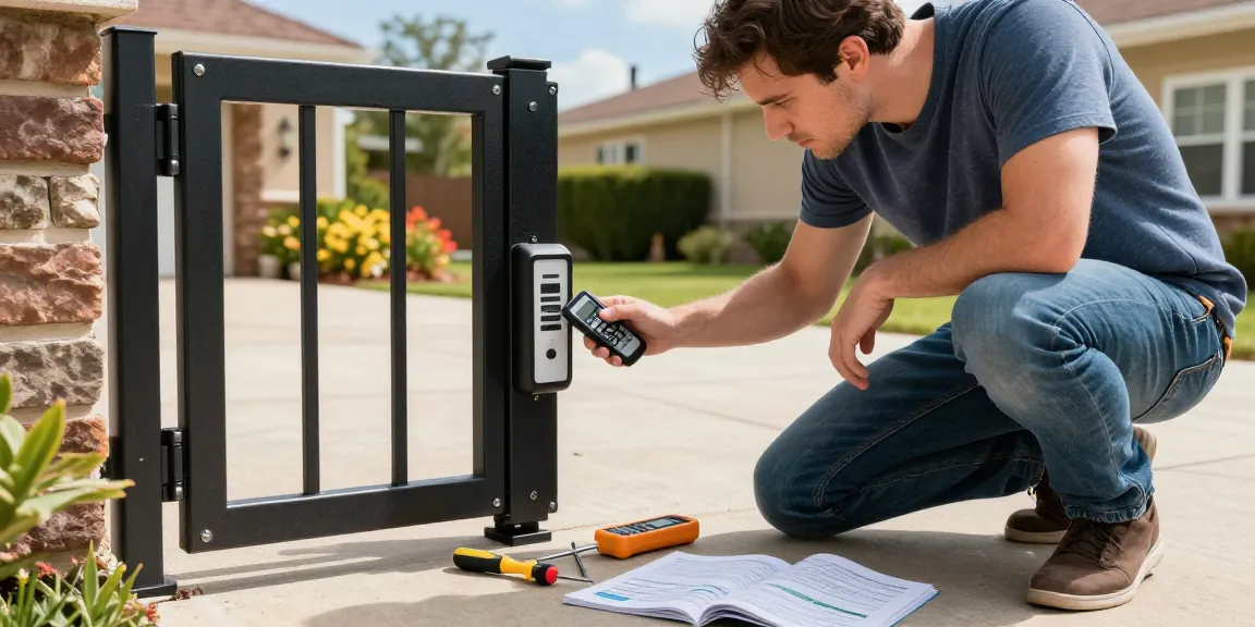 Mighty Mule gate opener common problems being troubleshooted by a homeowner with tools and manual.