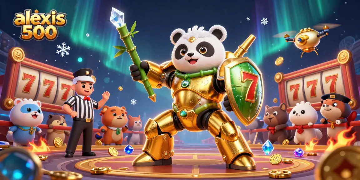 Engage with alexis 500, celebrating wins in a lively casino with colorful 3D characters.