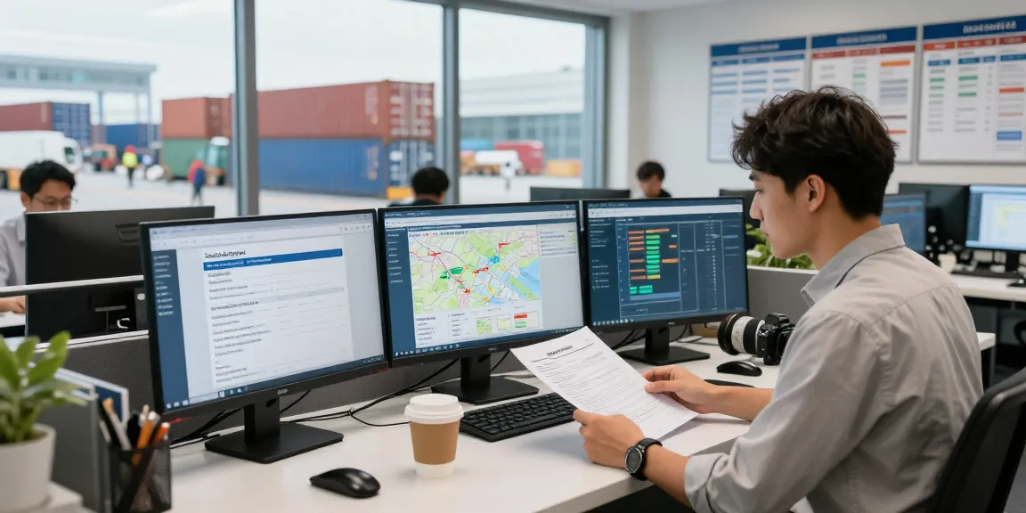 Transport Zoll in Dortmund: Logistikexperte bei der Zollabwicklung in einem modernen Büro mit aktiven Sendungsdaten.
