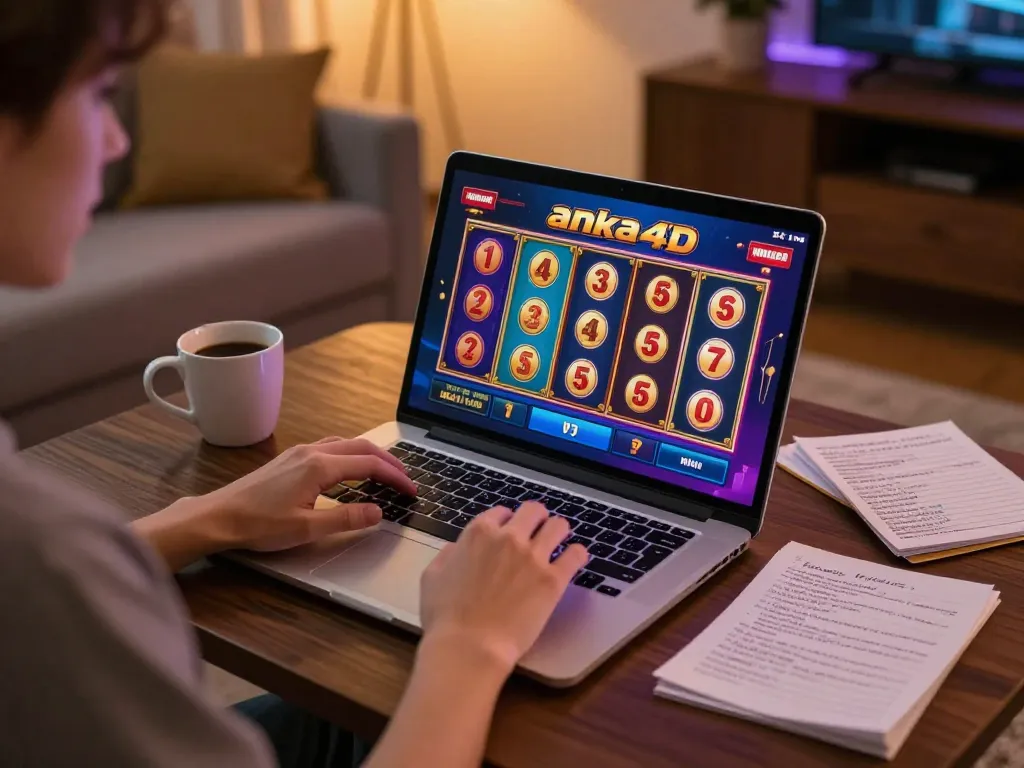 Berinteraksi dengan permainan slot aneka4d di laptop di ruang tamu yang nyaman, menampilkan lingkungan permainan yang strategis.