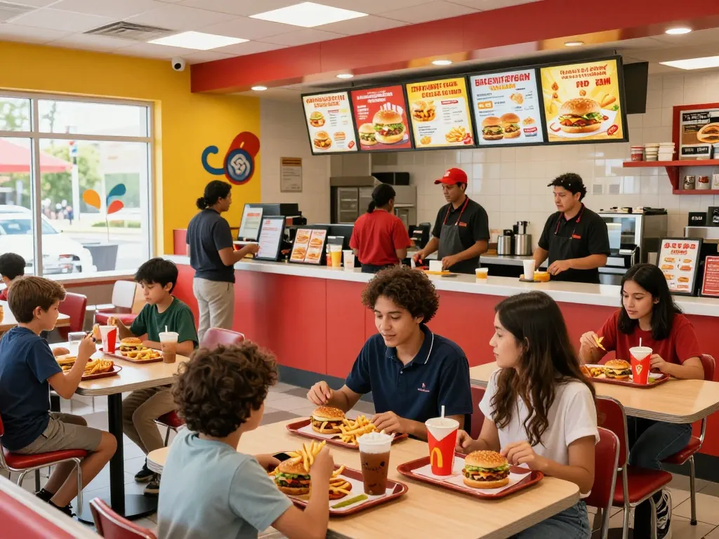 Fast food menu scene with families enjoying meals in a vibrant restaurant atmosphere.